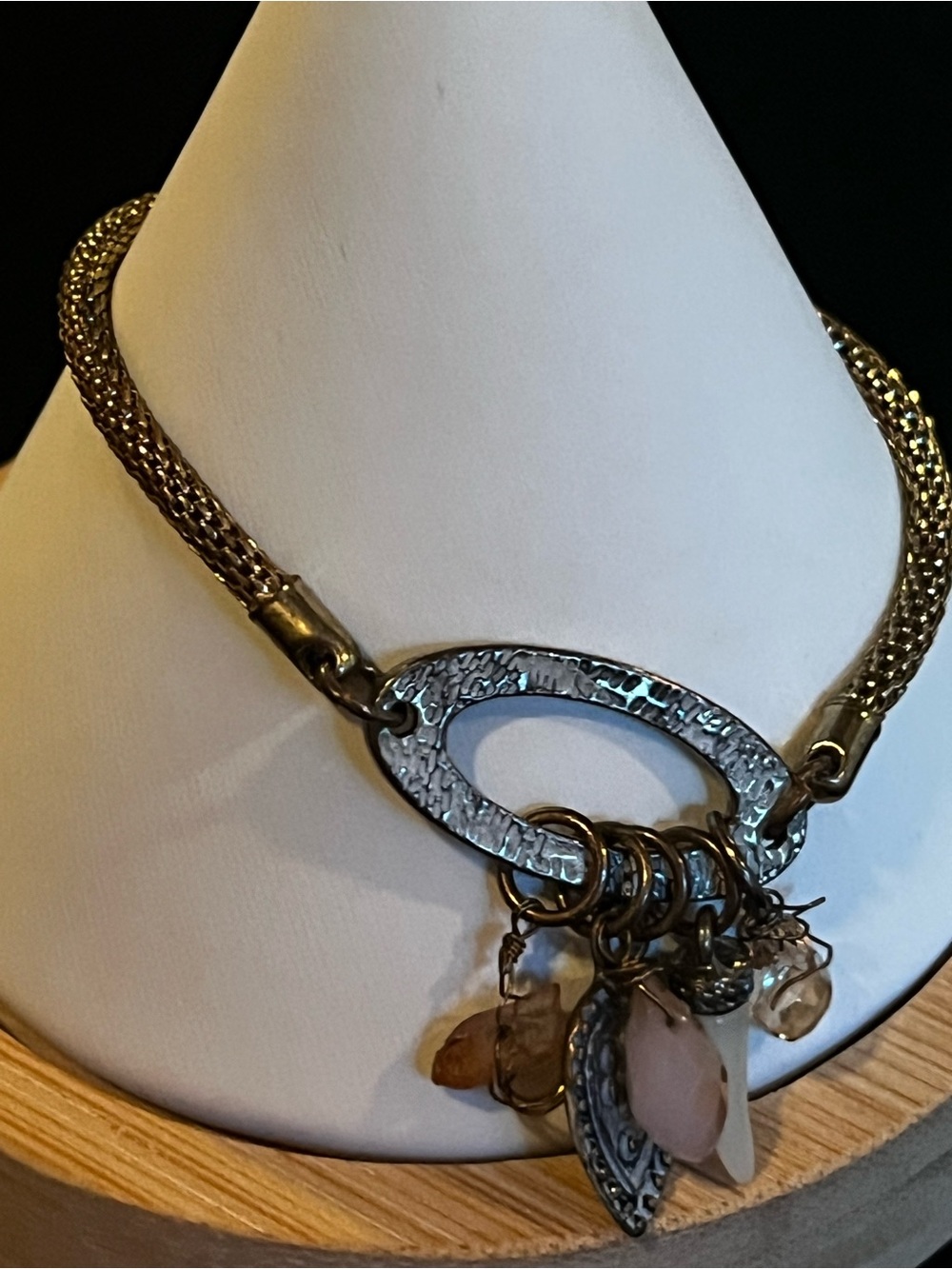 Handcrafted Gold Charm Necklace with Pink and Cream Accents